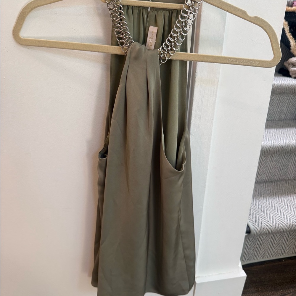 Ramy Brook Sleeveless Olive Green Halter Dress with Chain Detail
